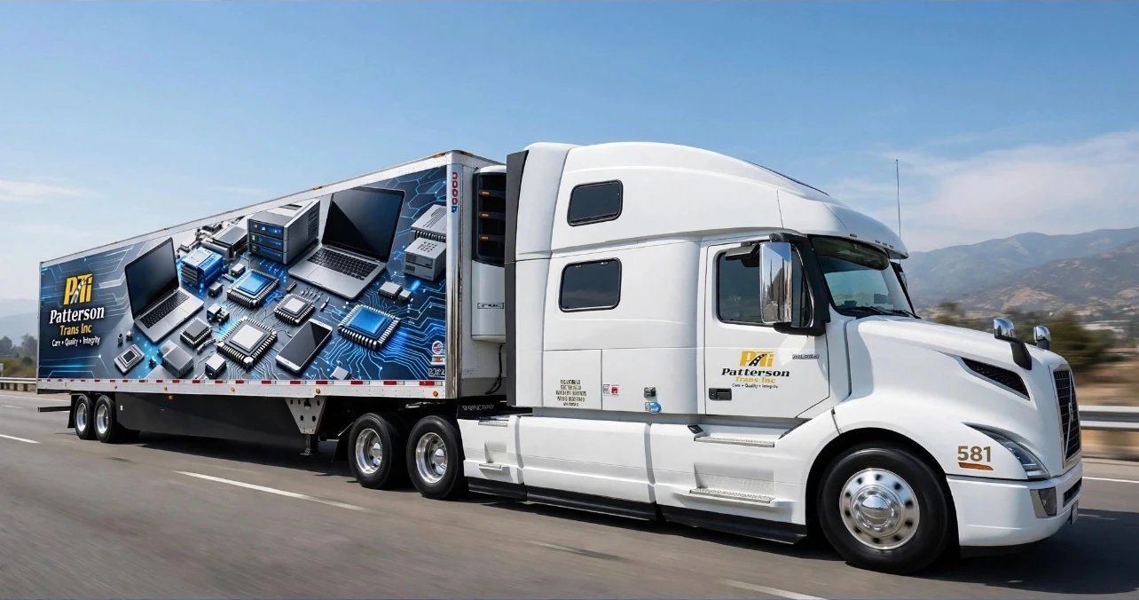 Patterson electronics and high-value freight transportation Patterson Trans electronics and high-value freight tractor-trailer on the road