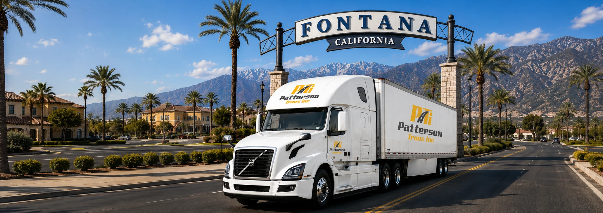 Patterson Trans Inc. truck beneath the Fontana California gateway