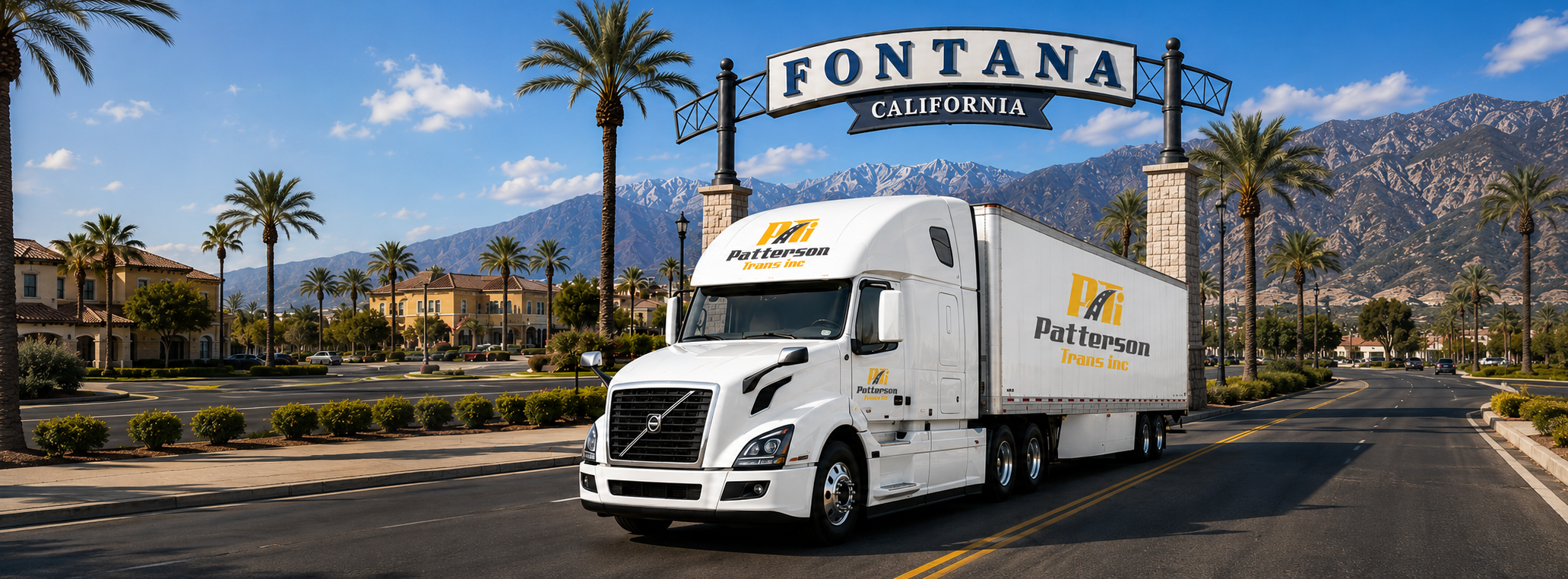 Patterson Trans Inc. truck beneath the Fontana California gateway