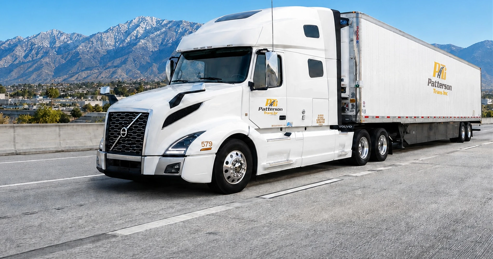 Patterson refrigerated freight truck in Fontana, California Patterson Trans refrigerated tractor-trailer on the road in Fontana, California