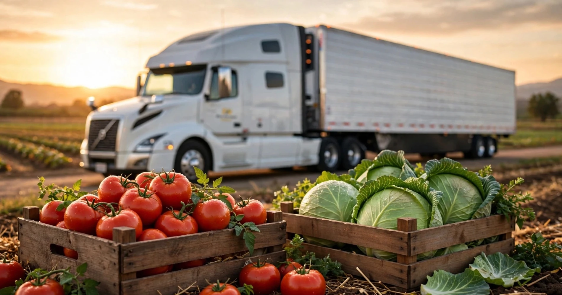 Fresh produce crates in front of a refrigerated tractor-trailer